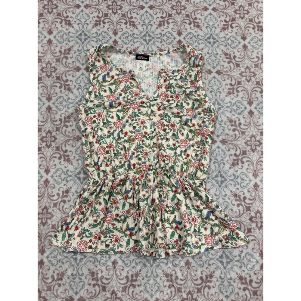 Fashion Magazine Floral Peplum Top Sleeveless V-Neck Ribbed Knit Cream Pink M